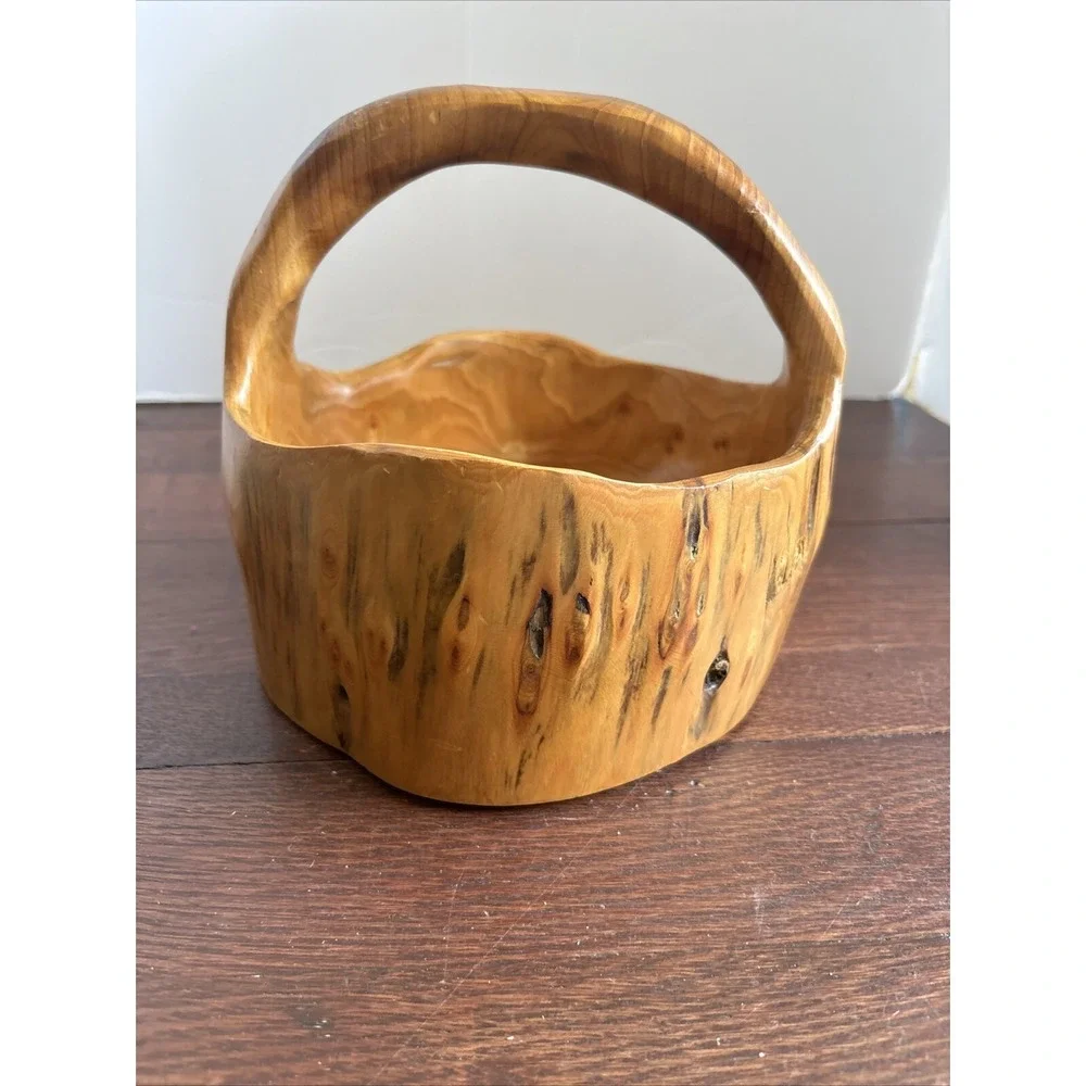 Hand Carved Burl Wood Basket Bowl‎ Knotted Centerpiece 8x8x7 Farmhouse Primitive